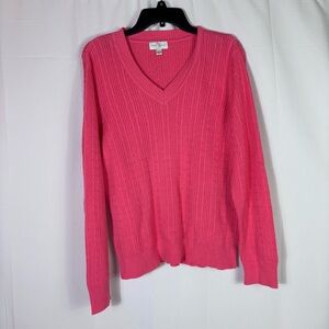 Studio Works Cable Knit V-Neck Sweater L Guava Pink Cotton Preppy Cottagecore